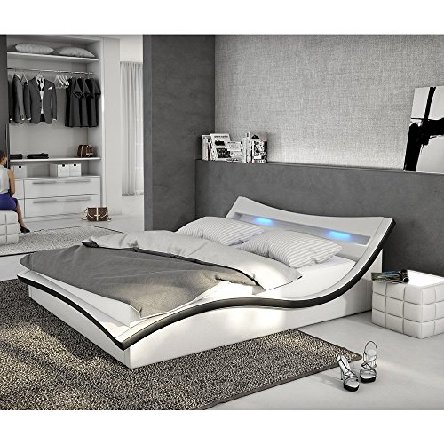 Polster-Bett 140x200 cm weiß-schwarz aus Kunstleder mit LED-Beleuchtung | Magari | Das Kunst-Leder-Bett ist ein Designer-Bett | Doppel-Betten 140 cm x 200 cm mit Lattenrost in Leder-Optik, Made in EU