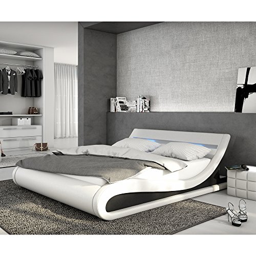 Polster-Bett 180x200 cm weiß-schwarz aus Kunstleder mit LED-Beleuchtung | Bellugia | Das Kunst-Leder-Bett ist ein Designer-Bett | Doppel-Betten 180 cm x 200 cm mit Lattenrost in Leder-Optik, Made in EU