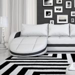 Wohnlandschaft weiß-schwarz in Leder-Optik: Edle Designer Couch mit LED, großer 4 Sitzer, 364 cm breit, Leder-Sofa mit zwei 156 cm tiefen Recamiere / Ottomanen, links & rechts | 2 Eck-Sofa | Made in EU