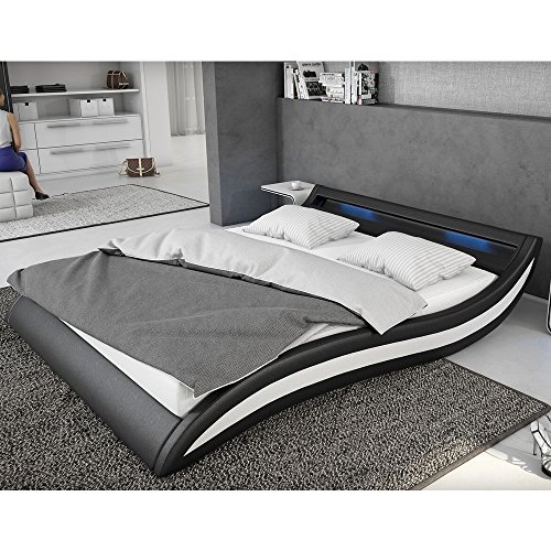 Polster-Bett 140x200 cm schwarz-weiß aus Kunstleder mit blauer LED-Beleuchtung | Accentox | Das Kunst-Leder-Bett ist ein edles Designer-Bett | Doppel-Bett 140 cm x 200 cm mit Lattenrost in Leder-Optik, Made in EU