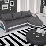 Polster-Ecke mit blauer LED und Kunstleder grau / weiß 265x158 cm | Laganio | Design Sofa-Garnitur in L-Form mit Recamiere | Gesteppte Eck-Couch für Wohnzimmer grau / weiss 265cm x 158cm