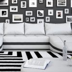 Wohnlandschaft weiß-schwarz in Leder-Optik: Edle Designer Couch mit LED, großer 4 Sitzer, 364 cm breit, Leder-Sofa mit zwei 156 cm tiefen Recamiere / Ottomanen, links & rechts | 2 Eck-Sofa | Made in EU