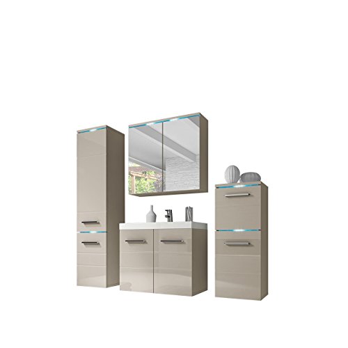 Modernes Badmöbel Set Savana I mit Waschbecken und Siphon, Badezimmer, Hochschrank, Waschtisch, Spiegelschrank Möbel Waschplatz