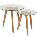 ts-ideen 2er Set Design Glas Beistelltische rund Holz Eiche Kaffeetisch Couchtisch Nachttisch