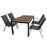 Gartenmöbel-Set Aluminium Gartentisch mit Polywood-Tischplatte 150x90cm + 4x Stapelstuhl mit anthrazitfarbener Textilenbespannung, Gestell pulverbeschichtet Schwarz