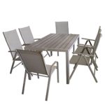 Gartenmöbel-Set inkl. Aluminiumtisch mit Polywoodtischplatte 150x90cm + 4x Alu Liegestühle mit robuster Textilenbespannung + 2x stapelbarer Gartenstuhl mit Textilenbespannung / Champagnerfarben