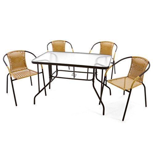 5-teiliges Gartenmöbel-Set – Gartengarnitur Sitzgruppe Sitzgarnitur aus Bistrostühlen & Esstisch – Stahl Kunststoff Glas – beige dunkelbraun