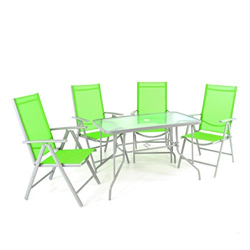 5er Set Sitzgarnitur Sitzgruppe Gartengarnitur Glastisch eckig grün Balkon 1 Tisch 4 Stühle wetterfest