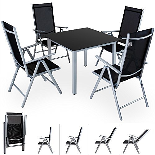 Alu Sitzgruppe Sitzgarnitur Gartengarnitur Tischplatte aus Glas + klappbare und neigbare Stühle Modellauswahl