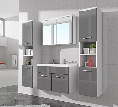 Badezimmer Badmöbel Paso XL LED 80 cm Waschbecken Hochglanz Grau Fronten - Unterschrank 2x Hochschrank Waschbecken Möbel