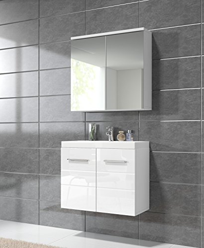 Badezimmer Badmöbel Toledo 02 60 cm Waschbecken Hochglanz Weiß - Unterschrank Schrank Waschbecken Spiegelschrank Schrank