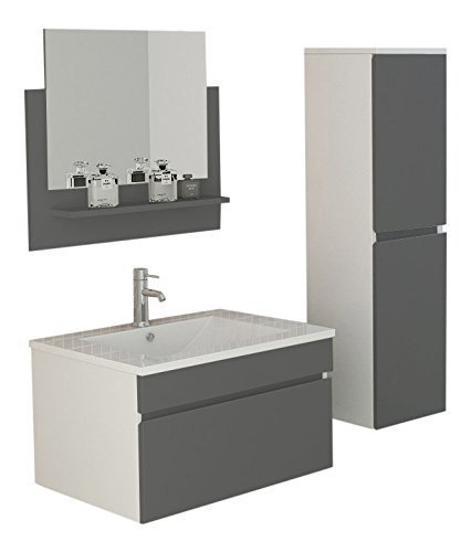 Badset Gastein in grau hochglanz Waschtisch Spiegelschrank mit LED Beleuchtung und Seitenschrank Badmöbel Ausstattung Bad Moebel