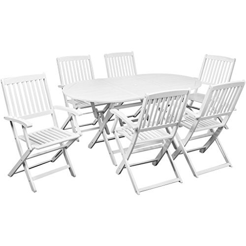 Festnight 7-tlg. Sitzgruppe Sitzgarnitur Gartenmöbel aus Akazienholz für 6 Personen mit 160 x 85 m Tisch Weiß
