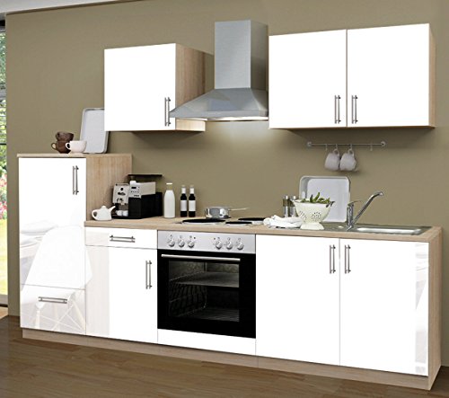 Küchenzeile 270 cm Komplett Küche Lack weiß mit Kühlschrank Herd Backofen Spüle Esse