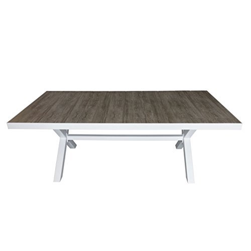 Lagerräumung - Terrassentisch Aluminiumtisch Esstisch Gartentisch mit Steinguttischplatte in Holz Optik 204x100cm Weiß / Grau