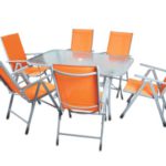 7-teiliges Gartenmöbel-Set – Gartengarnitur Sitzgruppe Sitzgarnitur aus Gartenstühlen & Esstisch (Glasplatte: klar) – Aluminium Kunststoff Glas – orange