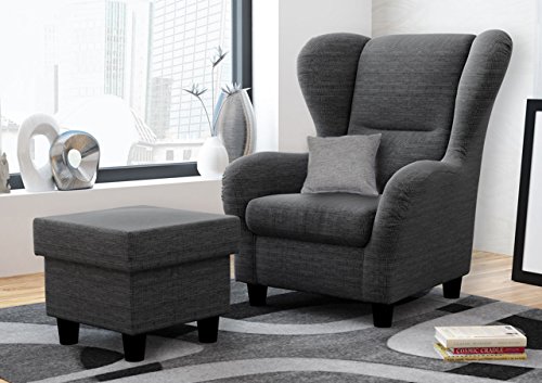 Ohrensessel mit Hocker grau im Landhausstil | Der perfekte Sessel für entspannte, lange Fernseh- und Leseabende. Abschalten und genießen!