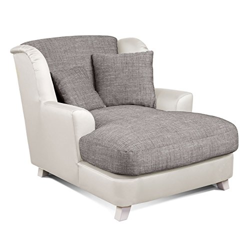 CAVADORE XXL-Sessel Assado/Zweifarbiger Polstersessel in grau/weiß mit Holzfüßen, großer Sitzfläche, Polsterung und 2 weichen Zierkissen/109x104x145 (BxHxT)