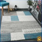 VIMODA Teppich Kurzflor in Türkis Blau Grau und Weiß Wohnzimmer Teppiche Modern Kachel-Optik Pflegeleicht, Maße:200x290 cm