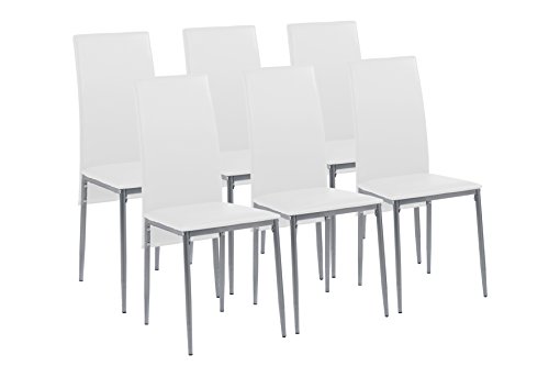 CAVADORE Esszimmerstuhl 6er Set MILAN/6x Küchenstuhl im modernem Design/Bezug Lederimitat Weiß/Gestell Metall Silber pulverbeschichtet/6 Stühle Weiß/40 x 96 x 49 cm (BxHxT)/6er Set