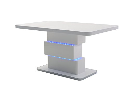 CAVADORE Esszimmertisch SLICE/Moderner Esstisch 140 cm mit blauer LED Beleuchtung/Designmöbel inHochglanz Weiß/Bodenplatte mit verchromten Rand/140x76x90 cm (LxBxH)