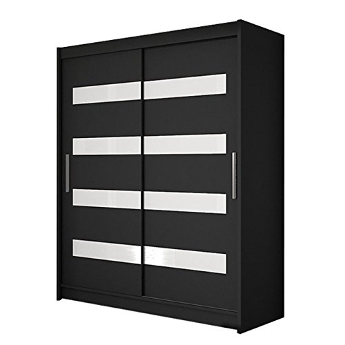 Schwebetürenschrank Westa IV Kleiderschrank, Modernes Schlafzimmerschrank, Schiebetürenschrank, Garderobe, Schlafzimmer (Schwarz + Weiß Lacobel)