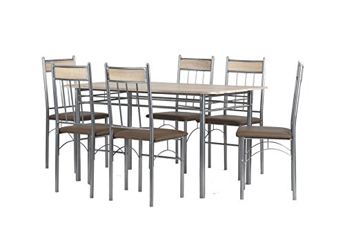 CAVADORE Tischgruppe Lola/Tisch in Sonoma Eiche foliert/6 Stühle mit Lederimitat in Cappuccino/Pflegeleicht/Tisch 140 x 70 x 74,5cm ; Esszimmerstühle 47 x 43 x 95cm (T x B x H)
