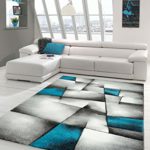 Designer Teppich Moderner Teppich Wohnzimmer Teppich Kurzflor Teppich mit Konturenschnitt Karo Muster Türkis Grau Weiß Schwarz Größe 80x150 cm