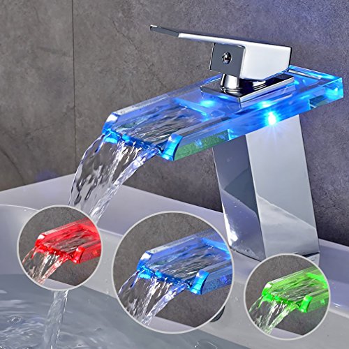 Auralum® Glas Chrom LED Wasserhahn Einhandmischer Waschtisch Wasserfall Armatur Bad Küche Typ B