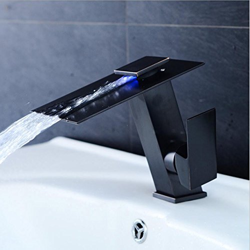 JRUIA Design LED 3 Farbewechsel Wasserhahn Bad Wasserfall Waschtischarmatur Einhebel Mischbatterie Waschbecken Armatur Waschtischbatterie für Badezimmer aus Messing (mit Schwarz Lack Beschichtet)