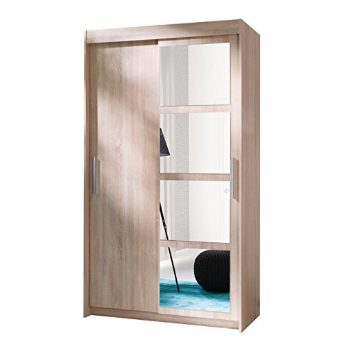 Kleiderschrank Nero 120, Elegantes Schlafzimmerschrank mit Spiegel, 120 x 216 x 60 cm, Modernes Schwebetürenschrank für Schlafzimmer, Jugendzimmer, Schiebetür, (Sonoma)