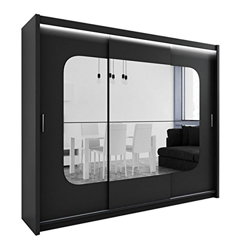 Kleiderschrank mit Spiegel und LED-Beleuchtung Barcelona, Modernes Schwebetürenschrank, 250 x 215 x 61 cm, Schiebetür, Schlafzimmerschrank, Schlafzimmer (Schwarz)