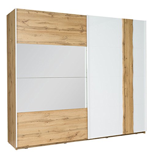 Schwebetürenschrank Wood 11 Modernes Kleiderschrank mit Spiegel, Garderobe, Schlafzimmerschrank, Schiebetür Schrank, Schlafzimmer-Set (Wotan Eiche/Alpenweiss, 200 cm)