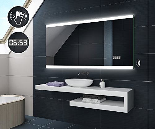 90 cm x 70 cm Design Badspiegel mit LED Beleuchtung von Artforma | Wandspiegel Badezimmerspiegel | SENSOR SCHALTER + LED UHR