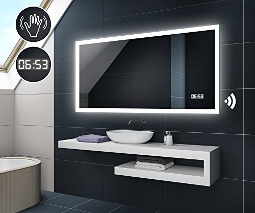 Design Badspiegel mit LED Beleuchtung von Artforma | Wandspiegel Badezimmerspiegel | DIGITAL LED UHR + SENSOR SCHALTER