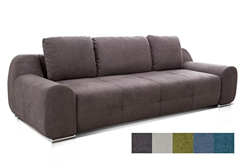 CAVADORE Big Sofa Benderes/Schlafsofa mit Bettfunktion und Bettkasten/Moderne Couch mit Steppung und Ziernaht/Inkl. 3 Kissen/Chromfüße/266 x 70 x 102 (BxHxT)/Grau