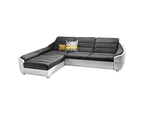 Ecksofa UDINESE mit Schlaffunktion Sofa Couch Schlafsofa Polsterecke Bettfunktion (kunstleder weiß + velour grau)
