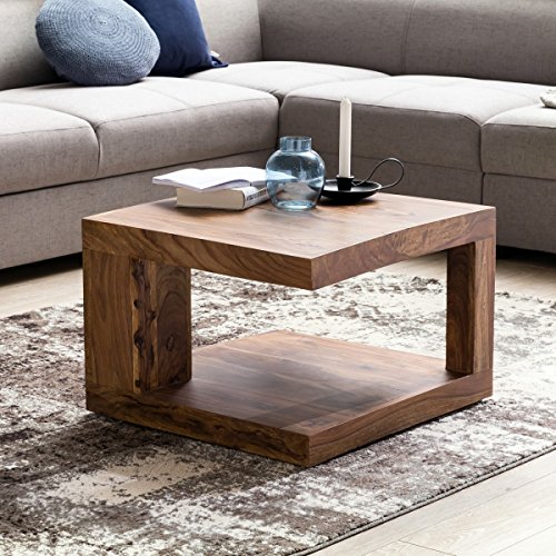 Massiver Couchtisch PATAN 60 x 60 x 40 cm Sheesham Massivholz Tisch | Wohnzimmertisch quadratisch mit Ablage | Holztisch Massiv Holz Beistelltisch