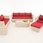 Mendler Poly-Rattan Gartengarnitur Sousse, Sofa-Garnitur Lounge-Set ~ perlweiß, Polsterung Rubinrot