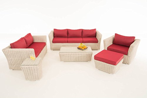 Mendler Poly-Rattan Gartengarnitur Sousse, Sofa-Garnitur Lounge-Set ~ perlweiß, Polsterung Rubinrot