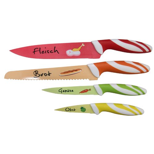 axentia Messerset 4-teilig, buntes Küchenmesser-Set mit Motiven, Fleischmesser, Brotmesser, Gemüsemesser, Obstmesser, Edelstahl-klingen und Softgriff