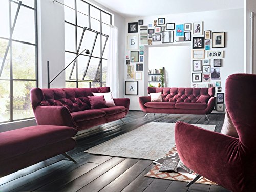 Designer Chesterfield Couch-Garnitur 3-2-1 Sofa-Set Candy Sixty Velvet Velour-Stoff Sofa 3C Polstersofa Couch mit Edelstahl Füße, Hohe Rückenlehne