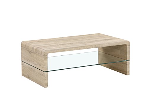 CAVADORE Couchtisch FRED / moderner, niedriger Tisch mit Glaseinsatz und viel Stauraum / Sofa-Beistelltisch in Sonoma Eichenholz Optik hellbraun / mit Ablage / 60 x 110 x 41 cm (L x B x H)
