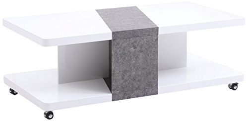 CAVADORE Couchtisch WENKE / Sofatisch auf Rollen mit attraktiver Form auf 2 Ebenen / Hochglanz Weiß; Absatz in Beton Optik grau / 120 x 60 x 42 cm (L x B x H)