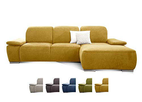 CAVADORE Ecksofa Tabagos / Große Couch mit Longchair rechts / Sitztiefenverstellung / Kopfteilverstellung / Armteilfunktion / 283 x 85 x 187 / Gelb