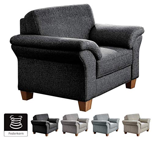 CAVADORE Sessel Byrum mit Federkern / Großer Sessel im Landhausstil / Holzfüße Buche natur / 101 x 87 x 88 / Grau