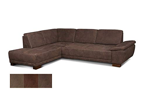 Cavadore Eckcouch Cytaro in Wildlederoptik und Kontrastnaht / Couch L-Form mit Ottomanen links / Inkl. verstellbarer Sitztiefe und Armlehne / Größe: 281 x 84 x 218 cm (BxHxT) / Farbe: Braun