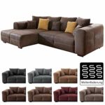 Cavadore Ecksofa Mavericco / Polster Eck-Couch mit Kissen / In Antik-Leder-Optik mit nussbaumfarbenen Holzfüßen / Longchair links / Größe: 285 x 69 x 170 (BxHxT) / Mikrofaser Braun