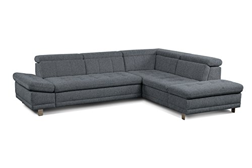 Cavadore Sofa "Imit" in L-Form / Ecksofa mit Ottomane rechts inkl. Kopfteilverstellung + Armteilfunktion / Rückenecht / Metallfüße / Größe: 275x76-89x217 cm (BxHxT) / Strukturstoff in blaugrau