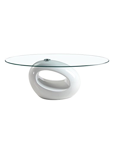 GOLDFAN Designer Couchtisch Weiß Hochglanz Oval Wohnzimmertisch mit Glasplatte Beistelltisch Modern Wohnzimmer Möbel